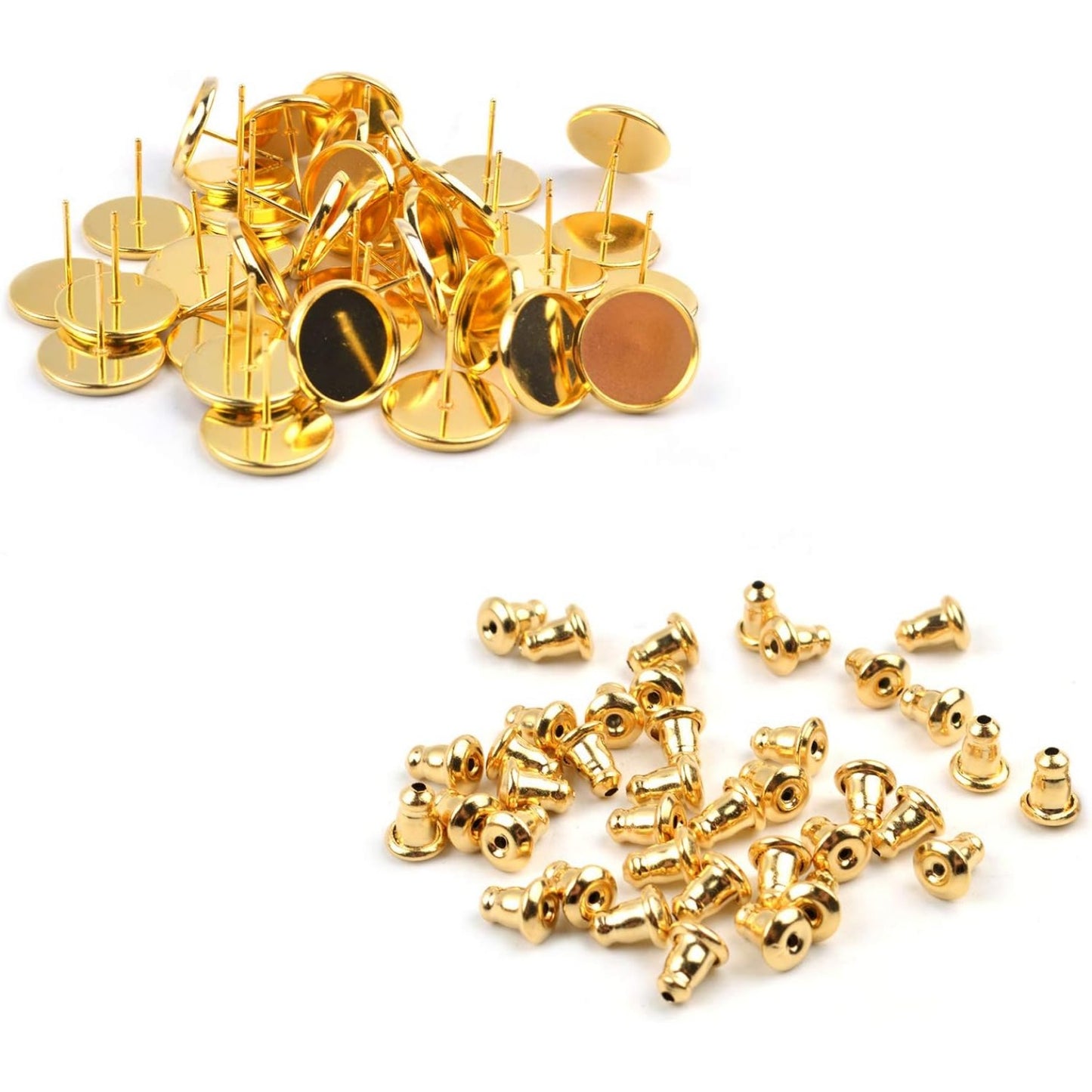 50 Pieces Stainless Steel Stud Gold Earring Cabochon Setting Post Cup for 12mm and 50 Pieces Bullet Clutch Earrings Safety Backs