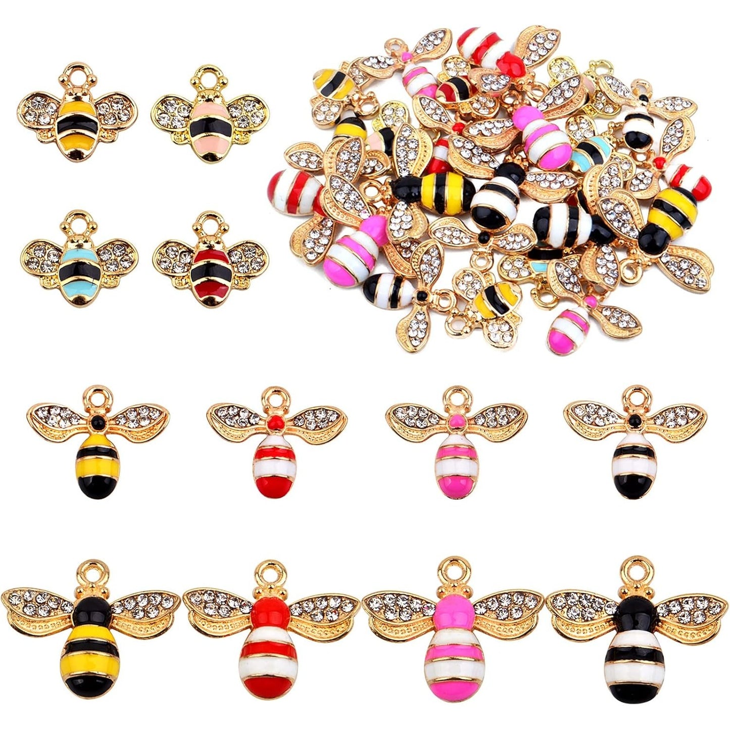 24pcs Alloy Enamel Bee Charms Cute Animal Honeybee Insect Pendant Charms with Rhinestone for DIY Necklace Bracelet Earrings Jewelry Making Decor, Yellow and White
