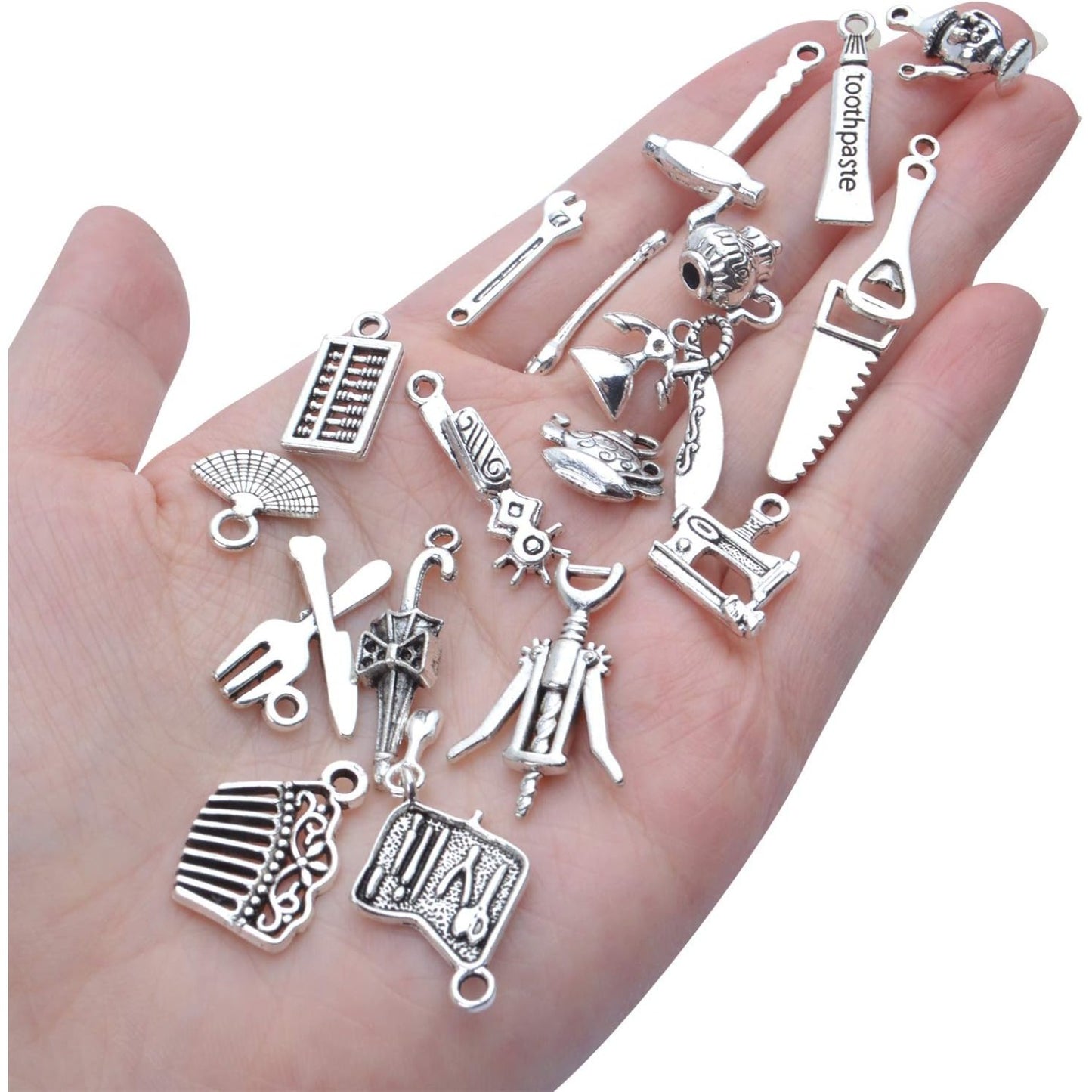 60pcs Silver Home Tools Charms Mixed Styles Vintage Pendants Jewelry Charm Connector Craft Supplies for DIY Necklace Bracelet Making and Crafting