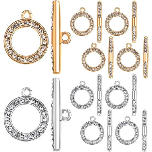 10 Sets Round Metal Toggle Clasps Bracelet Closure Fastener Buckle OT End Clasps T-Bar Connectors and Ring Clasps with Rhinestone for DIY Craft Necklace Jewelry Making, 2 Colors