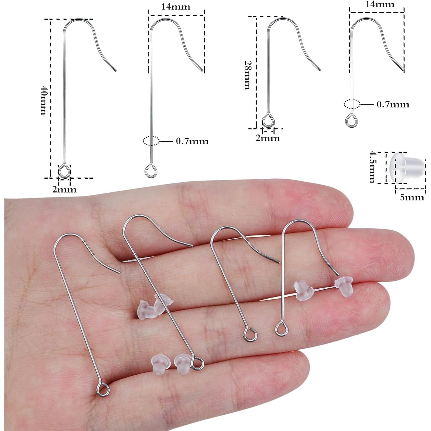 50pcs Stainless Steel Earring Hooks Hypoallergenic Ear Wire Hooks with Hanging Loop Earring Parts and 50pcs Clear Earring Backs for DIY Jewelry Making Supplies, 2 Sizes