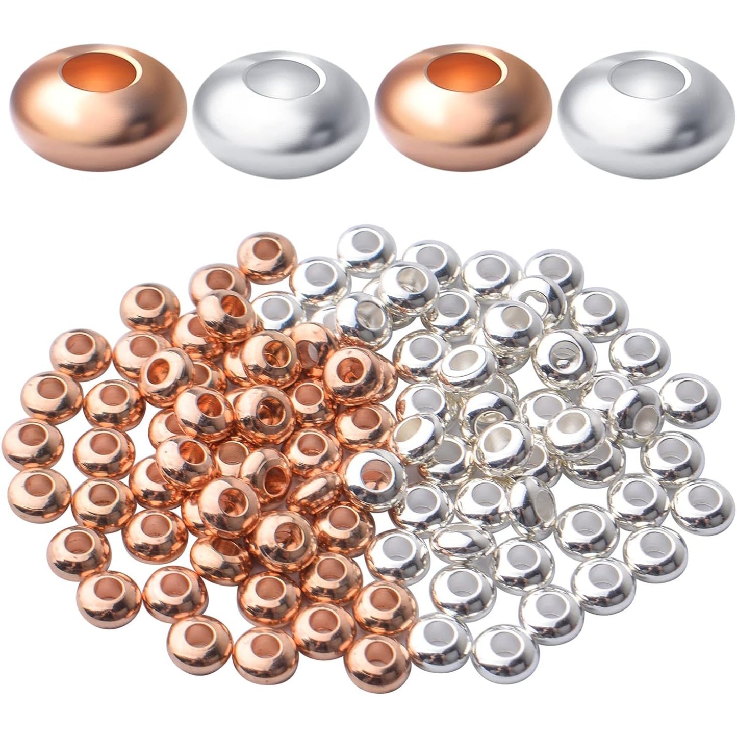 100pcs Round Spacers Beads Brass Rondelle Spacer Bead Loose Bead Spacers Charm Beads for DIY Jewelry Bracelet Necklace Crafts Making Accessory,Gold and Silver