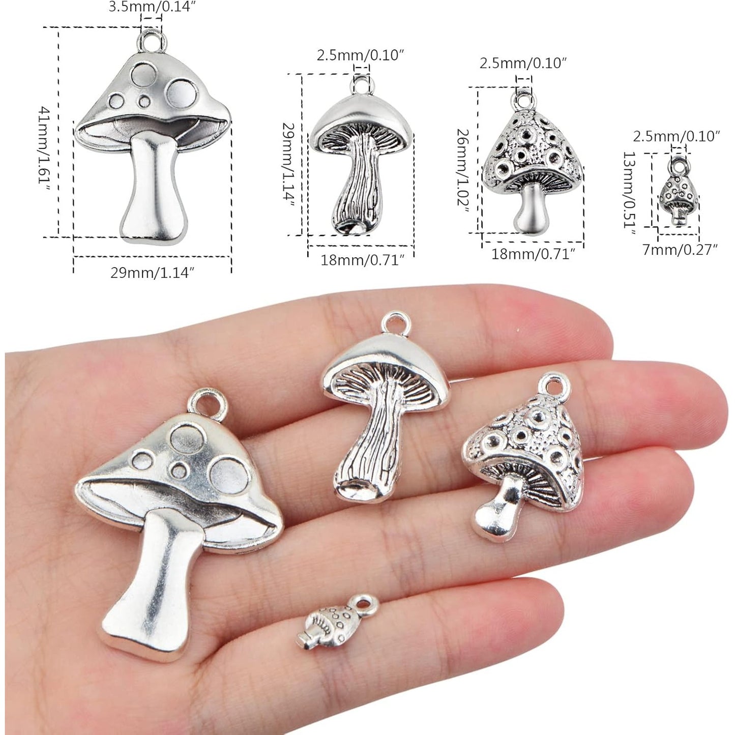 40pcs Antique Silver Mushroom Charms Vintage Alloy Cute Mushroom Dangle Pendants Craft Supplies for DIY Necklace Bracelet Keychain Jewelry Making Findings, 4 Styles