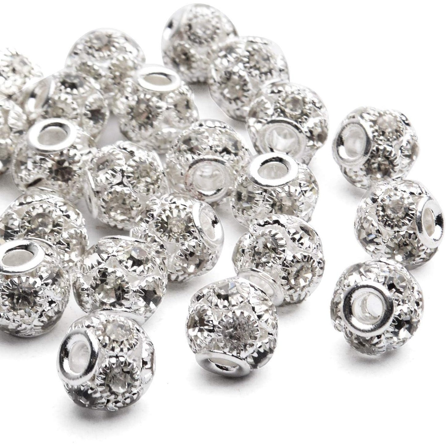 Rhinestone Spacer Beads, 30pcs 10mm Silver Rhinestone Pave Crystal Brass Beads European Rondelle Beads Round Spacer Beads for Bracelet Nacklace Jewelry Making Wedding Party Decoration