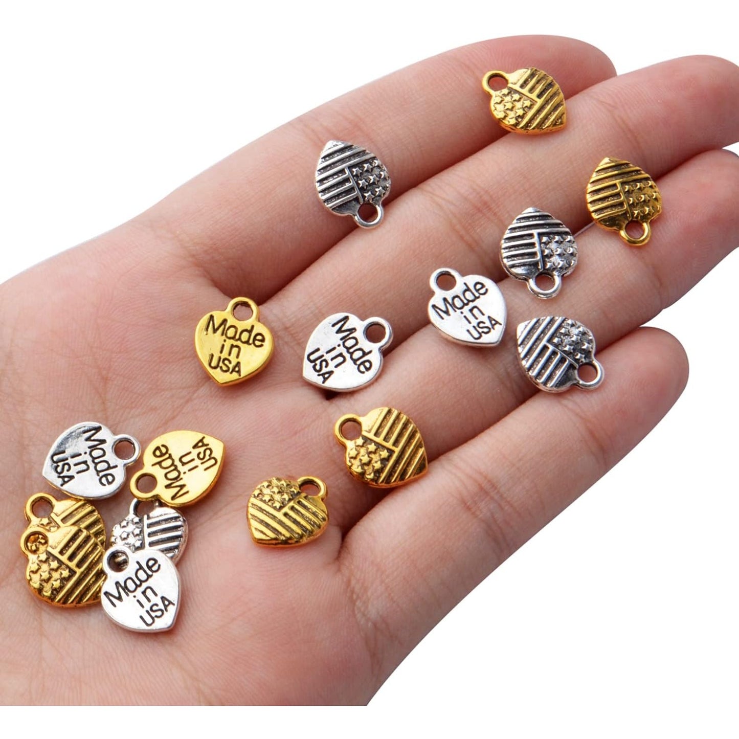 100pcs Heart Shaped Charms Alloy American Flag Charm Pendant Heart Flag Charms Pendants for Necklace Bracelet Jewelry Making DIY Crafting,Antique Gold and Antique Silver