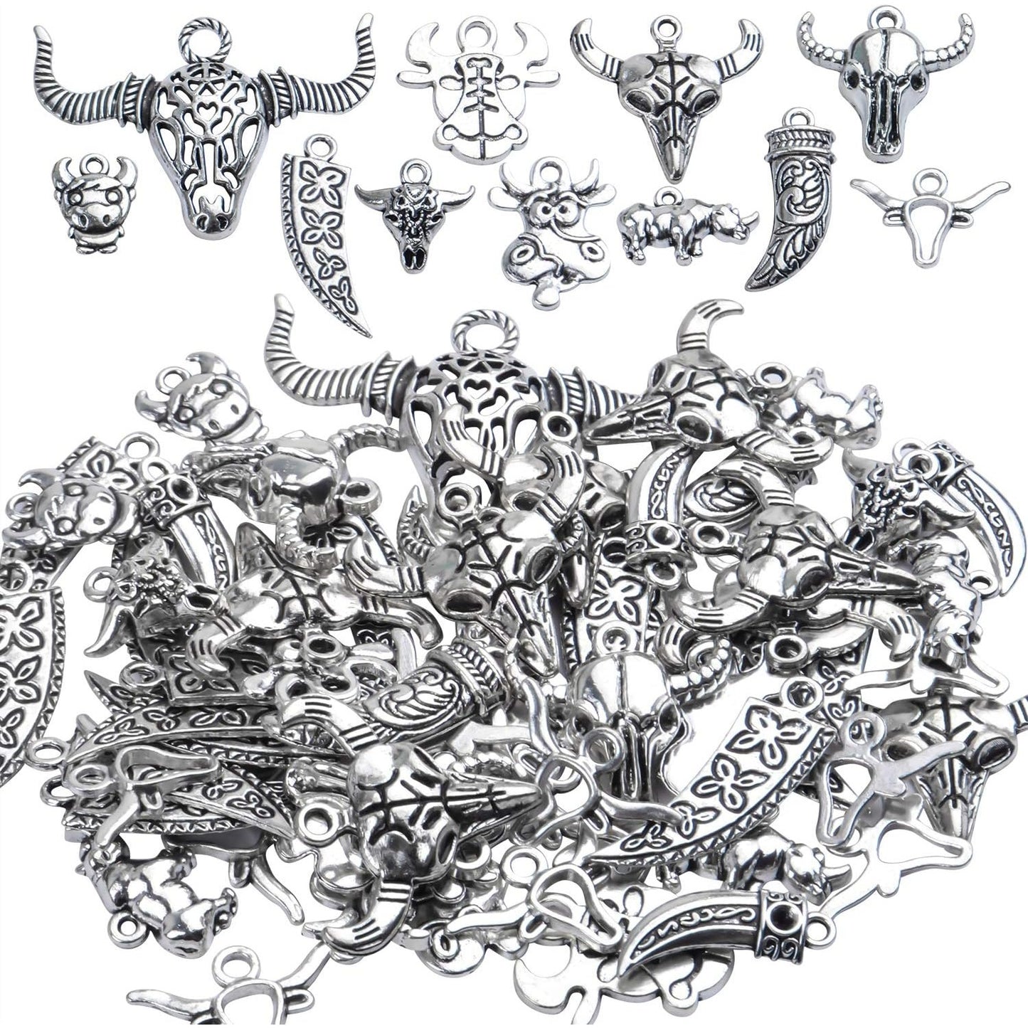 Cow Charms Bulk,100g (40-60pcs) Antique Silver Cow Pendant Vintage Alloy Cattle Charms for DIY Necklace Bracelet Keyring Craft