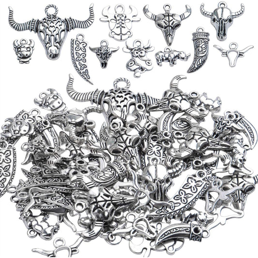 Cow Charms Bulk,100g (40-60pcs) Antique Silver Cow Pendant Vintage Alloy Cattle Charms for DIY Necklace Bracelet Keyring Craft