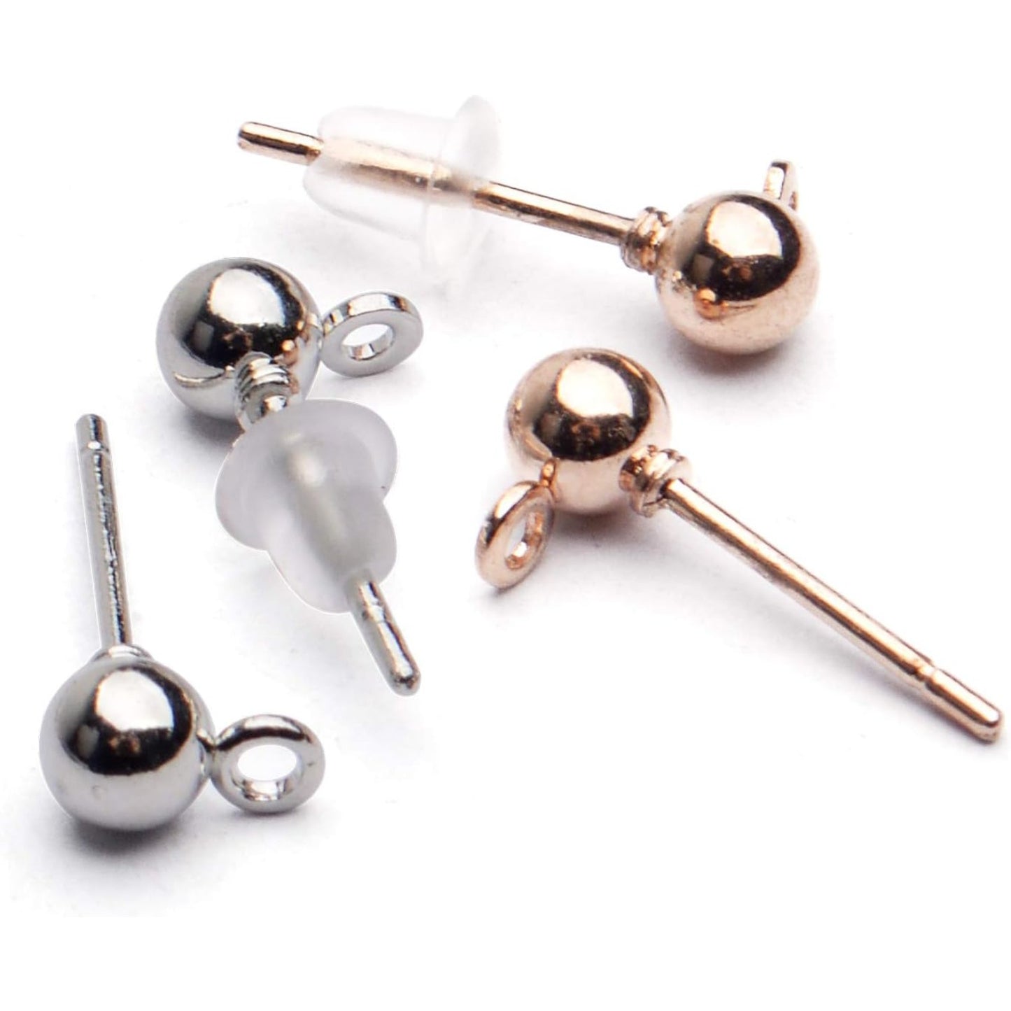 Ball Post Earrings with Loop, 40pcs 4mm Hypoallergenic Stainless Steel & Silicone Earring Studs & Backs, 4 Colors