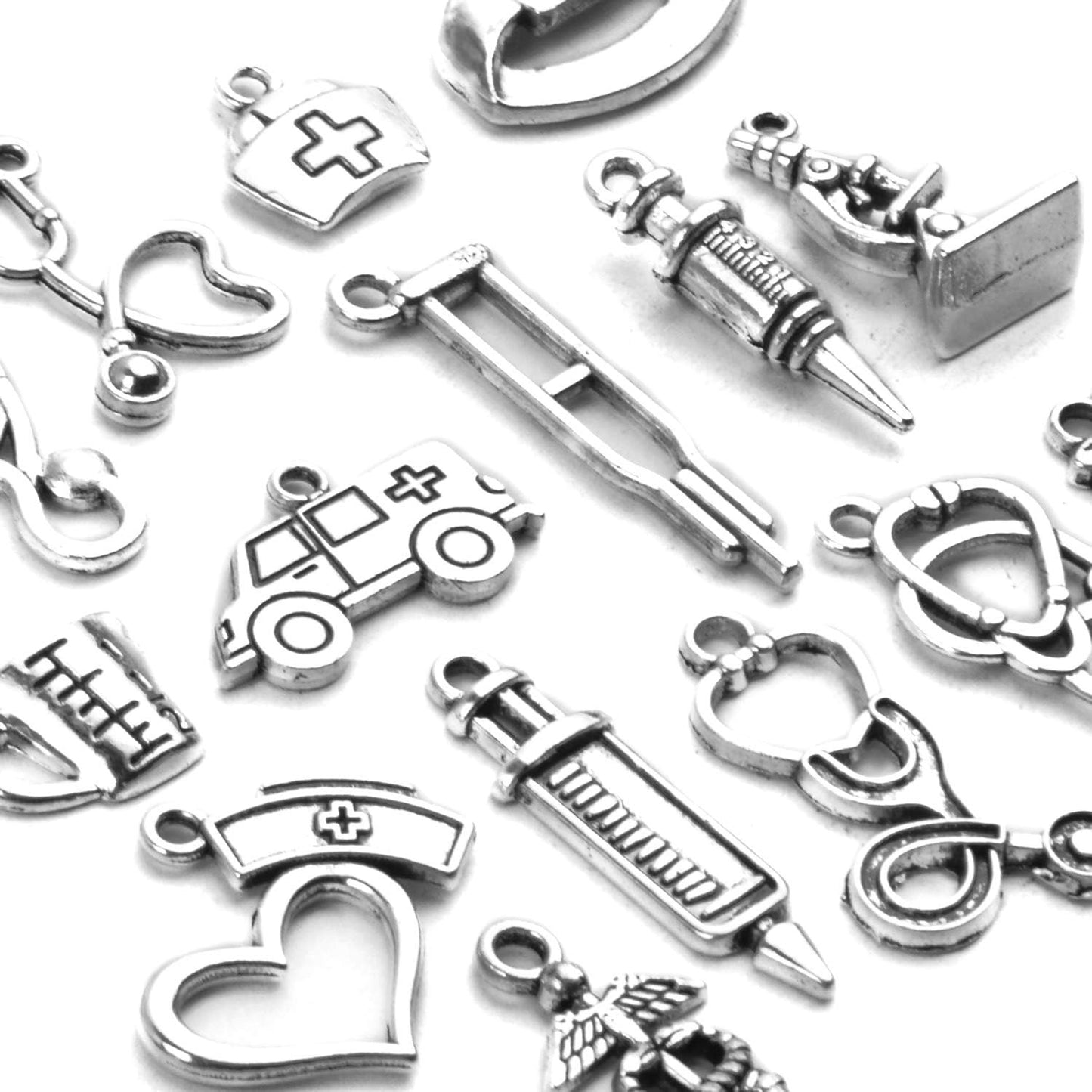 75pcs Antique Silver Medical Nurse Charms Stethoscope Ambulance Syringe Nurse Cap Hat Pendants Medical Theme Charms Craft Supplies for DIY Necklace Jewelry Making Accessory