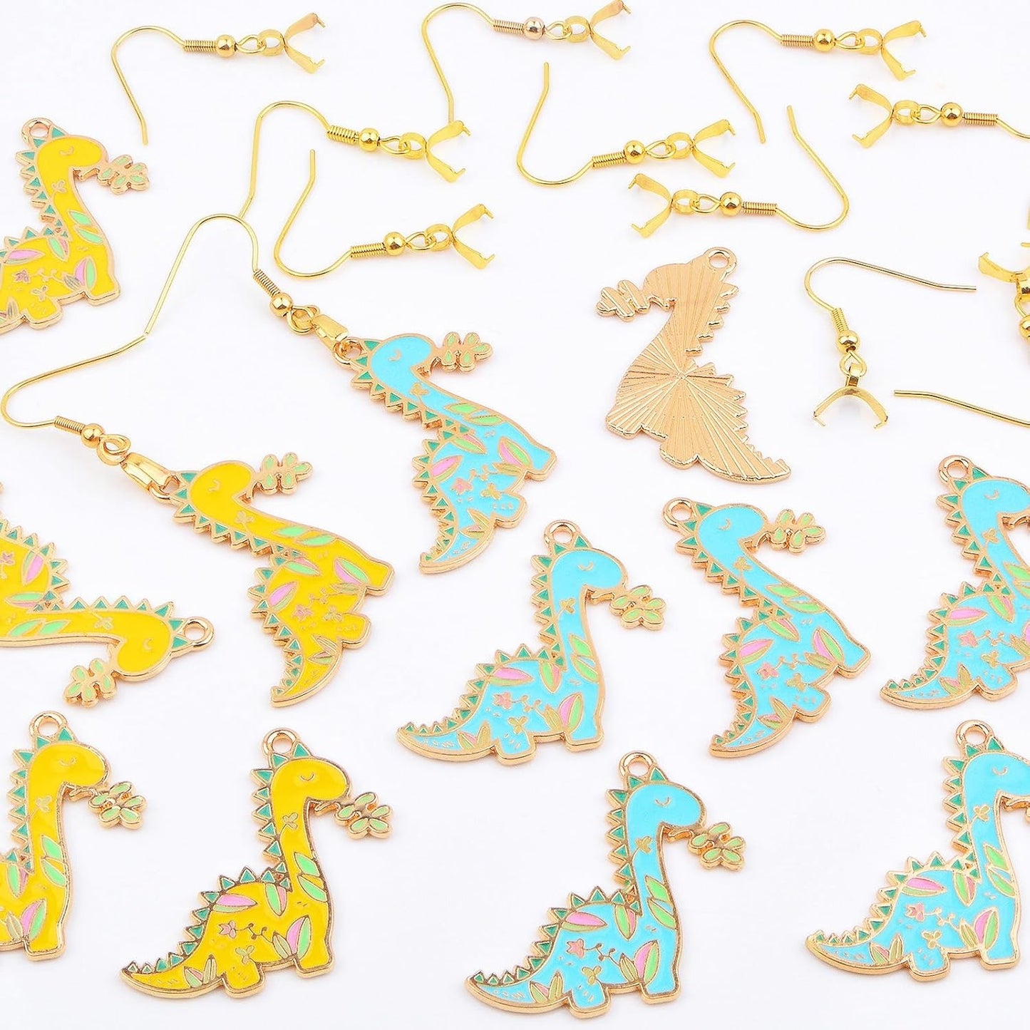 12pcs Golden Plated Colorful Enamel Dinosaur Pendant Charms and 12pcs Golden Hypoallergenic Earring Hooks for DIY Necklace Bracelet Dangle Earrings Jewelry Making