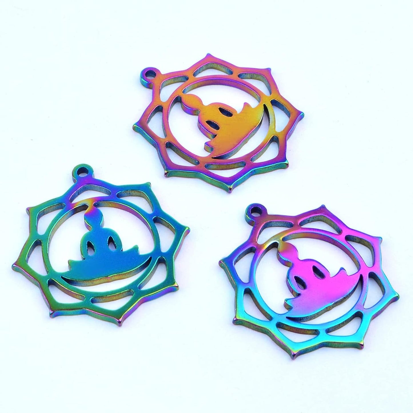 10pcs Stainless Steel Buddha on a Lotus Flower Charms Hypoallergenic Round Hollow Lotus Flower Buddhist Pendant Charms for DIY Necklace Earrings Jewelry Making Supplies, Rainbow Color