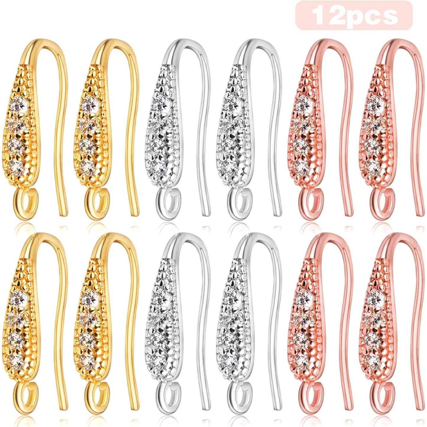 12pcs Cubic Zirconia Earring Hooks Hypoallergenic Brass French Ear Wire Fish Hooks Rhinestone Earrings with Loop for DIY Dangle Earrings Jewelry Making, 3 Colors
