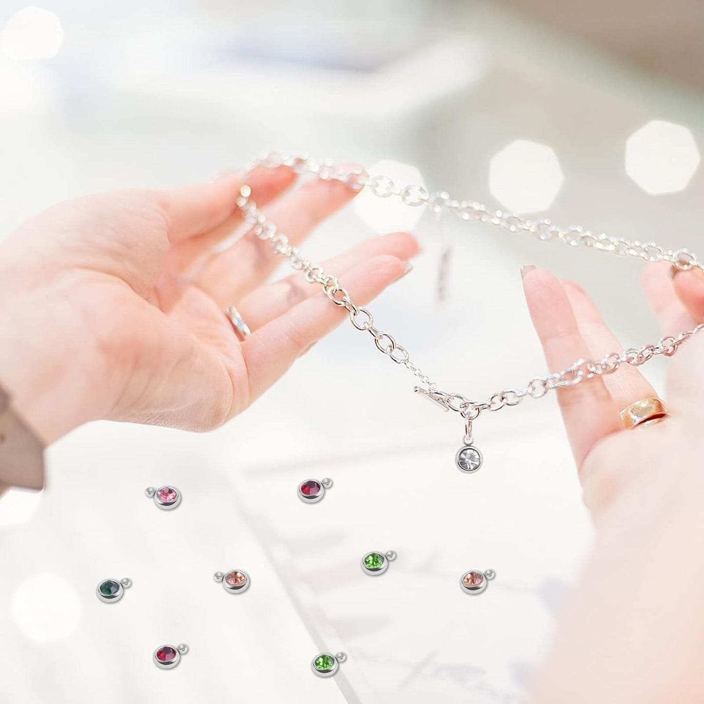 30pcs 6 mm Stainless Steel Crystal Birthstone Charms Mini Round Rhinestone Birthstone Bead Handmade Pendant with Rings for Necklace Earrings Jewelry Making Supplies, 10 Colors