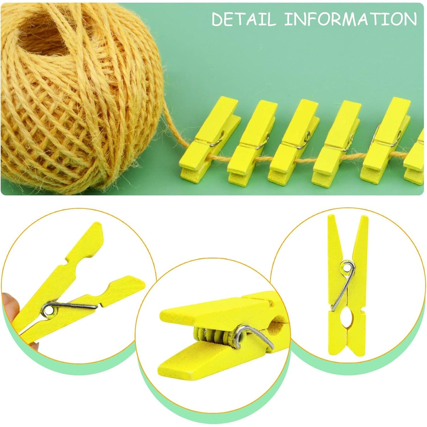50pcs Wooden Photo Clips Clothespins Utility Pictures Paper Peg Pin Craft Clips and 50m Jute Twine for Home School Handmade Decoration(Yellow)
