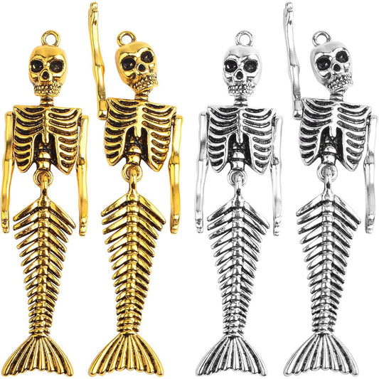4pcs Vintage Mermaid Skull Bone Charms Tibetan Alloy Skeleton Body Skull Charms Pendants Craft Supplies for DIY Bracelet Necklace Jewelry Making Findings, 2 Colors