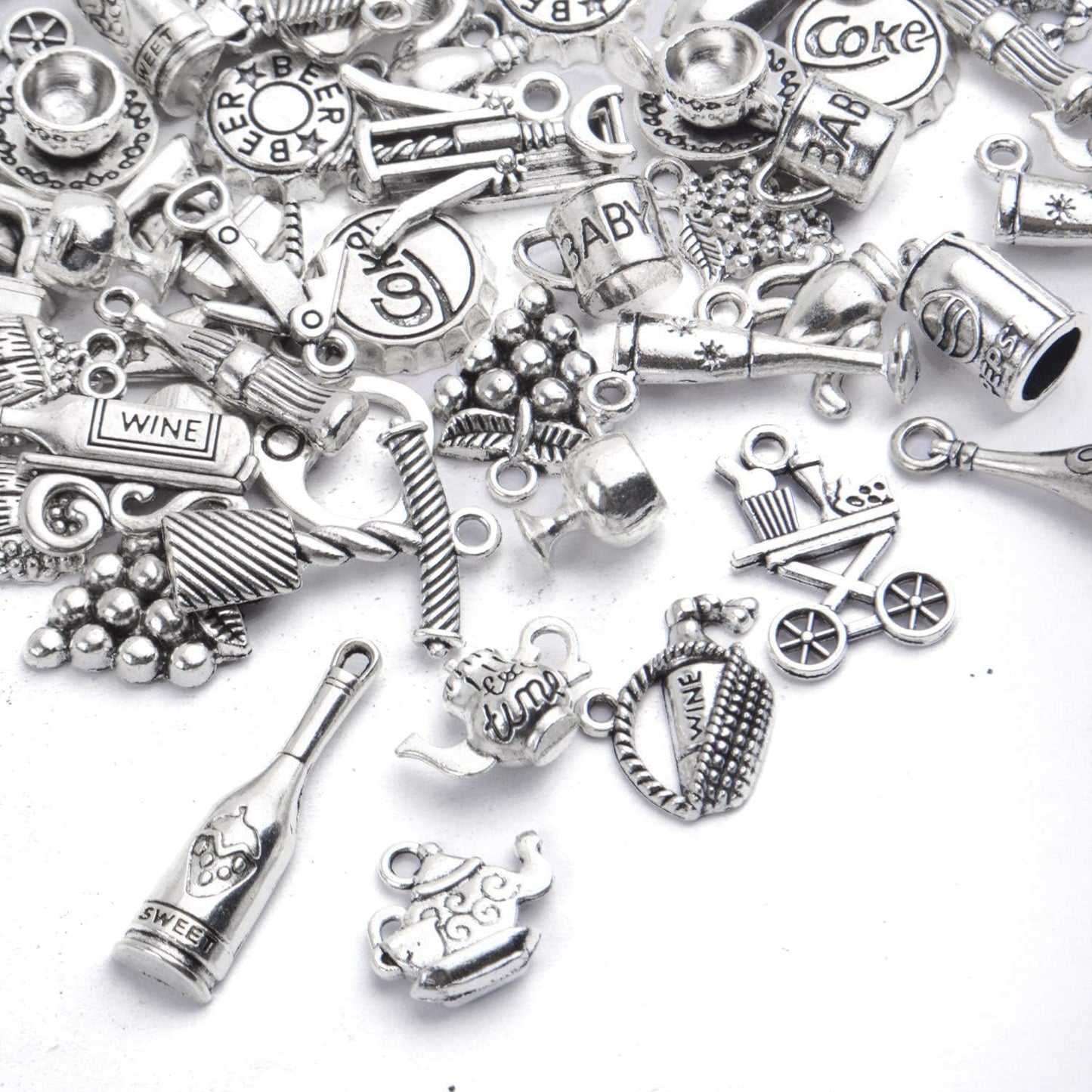 56pcs Silver Wine Bottle Charm Pendants Alloy Cup Glass Opener Grape Wine Charms Jewelry Making Accessories for DIY Necklace Bracelet Earrings Crafts, 28 Styles