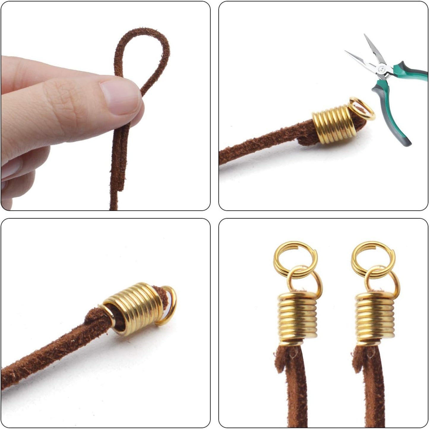 Coil Cord Ends, 150pcs Crimp Cord Ends Spring Buckle Leather Cord Ends Caps Loop Clasps for DIY Jewelry Parts Bracelets Crafting, 9×5mm, Hole 3.5mm