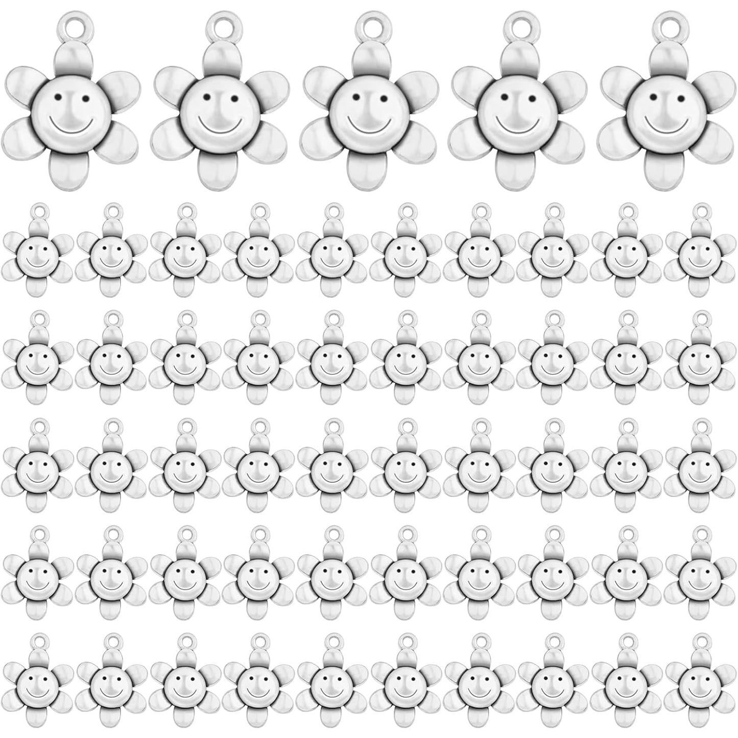 100pcs Antique Silver Smiley Sunflower Charms Alloy Sun Flower Smile Face Dangle Pendants Jewelry Findings Accessories for DIY Bracelet Necklace Earrings Crafts Making