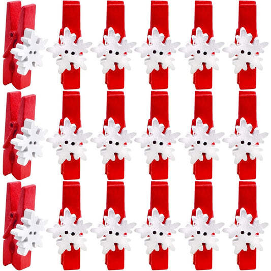 50 Pieces Snowflake Wood Clips Christmas Snowflake Wooden Clothespins Photo Frame Paper Peg Pins DIY Craft Clips for Home School Art Crafts, Red