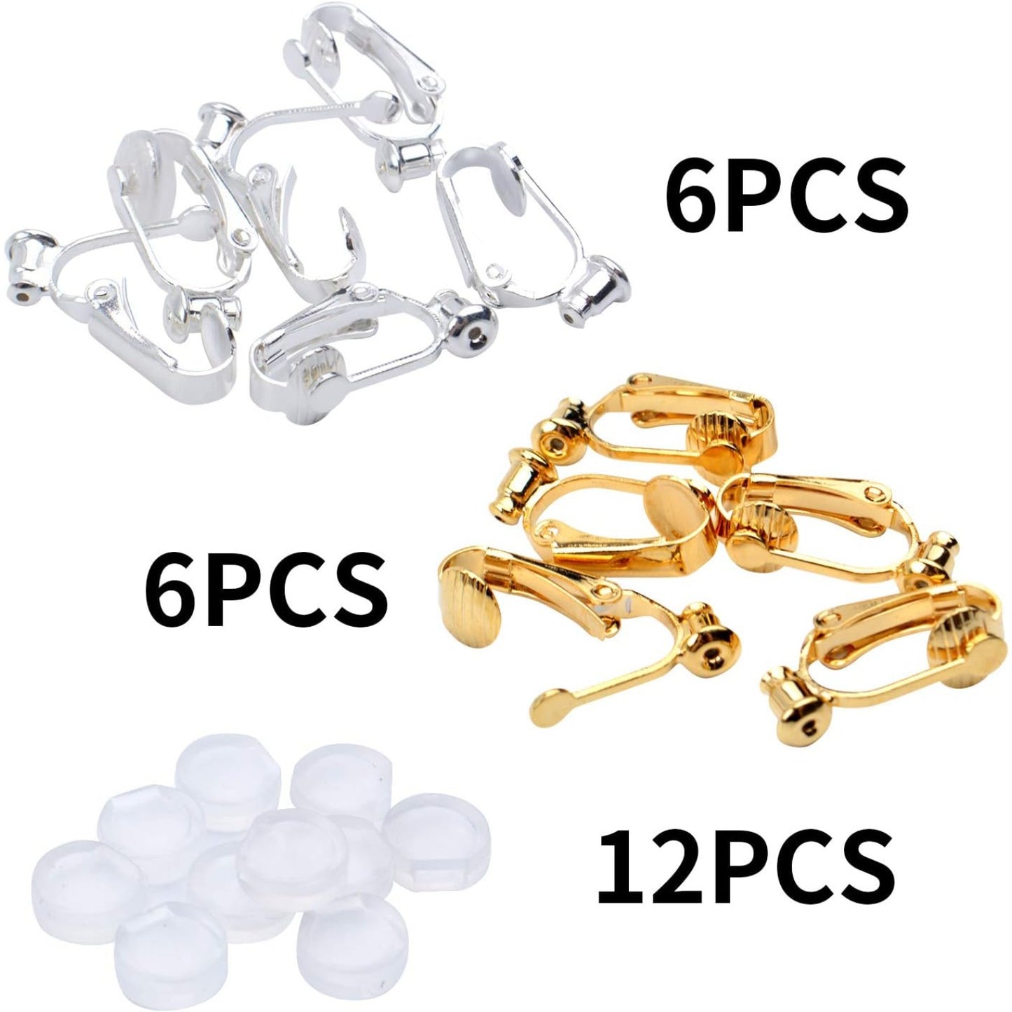 Clip-On Earring Converters - 12 Non-Pierced Earring Clips, Silicone Pads for Jewellery Making - Silver and Gold