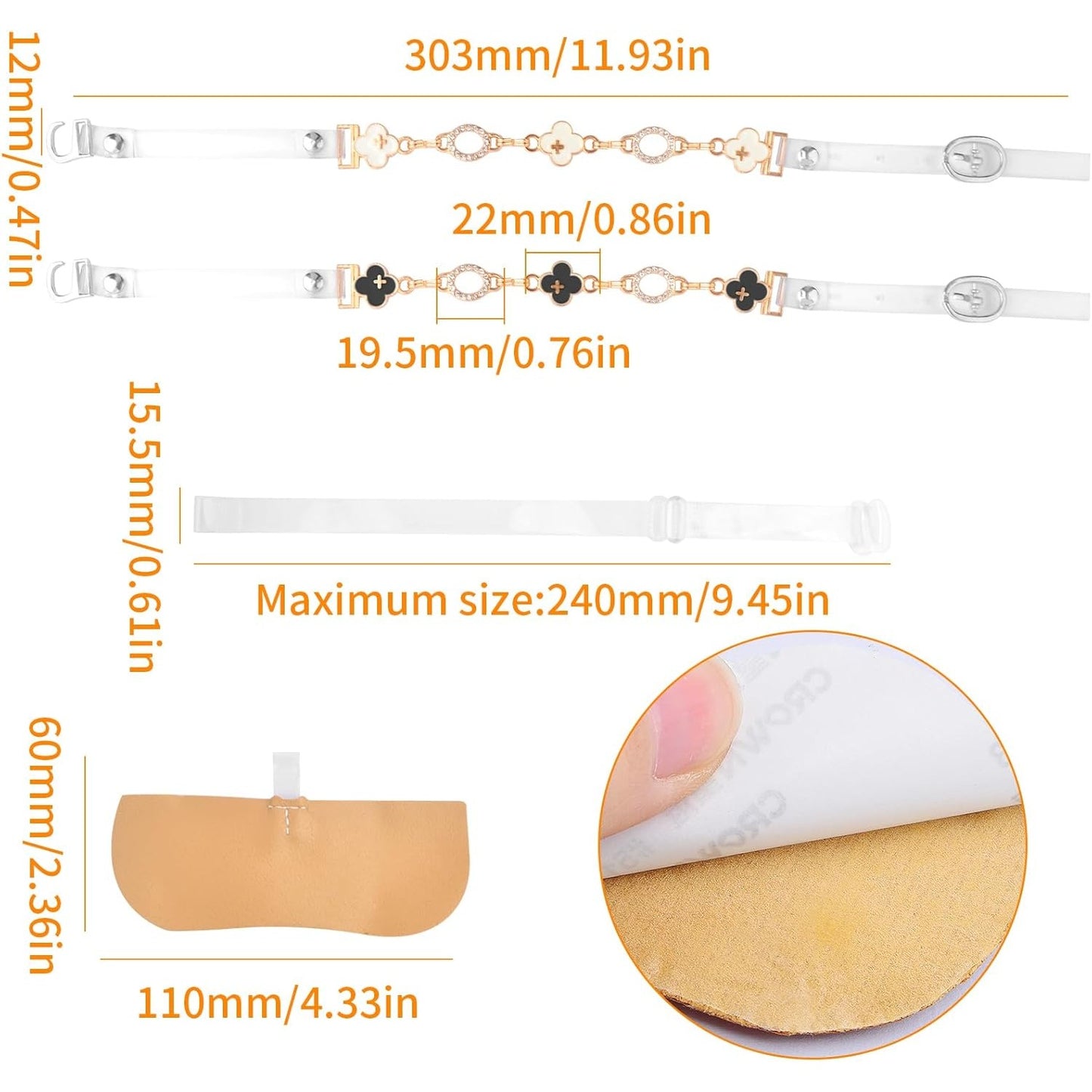 2 Pairs Transparent Four-leaf Clover High Heels Shoelaces Belt Chain and 2pcs Adjustable Invisible High Heel Shoe Straps with Buckle Replacements for Holding Loose High Heel Shoes