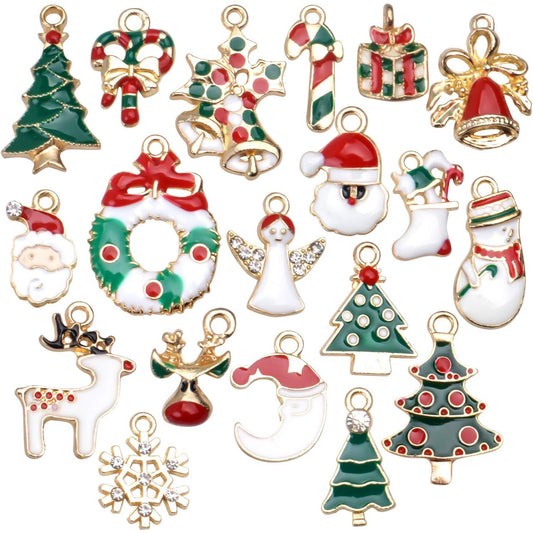 Christmas Theme Pendants,19 Pieces Assorted Enamel Gold Plated Charms for DIY Jewelry Xmas Gifts,19 Styles