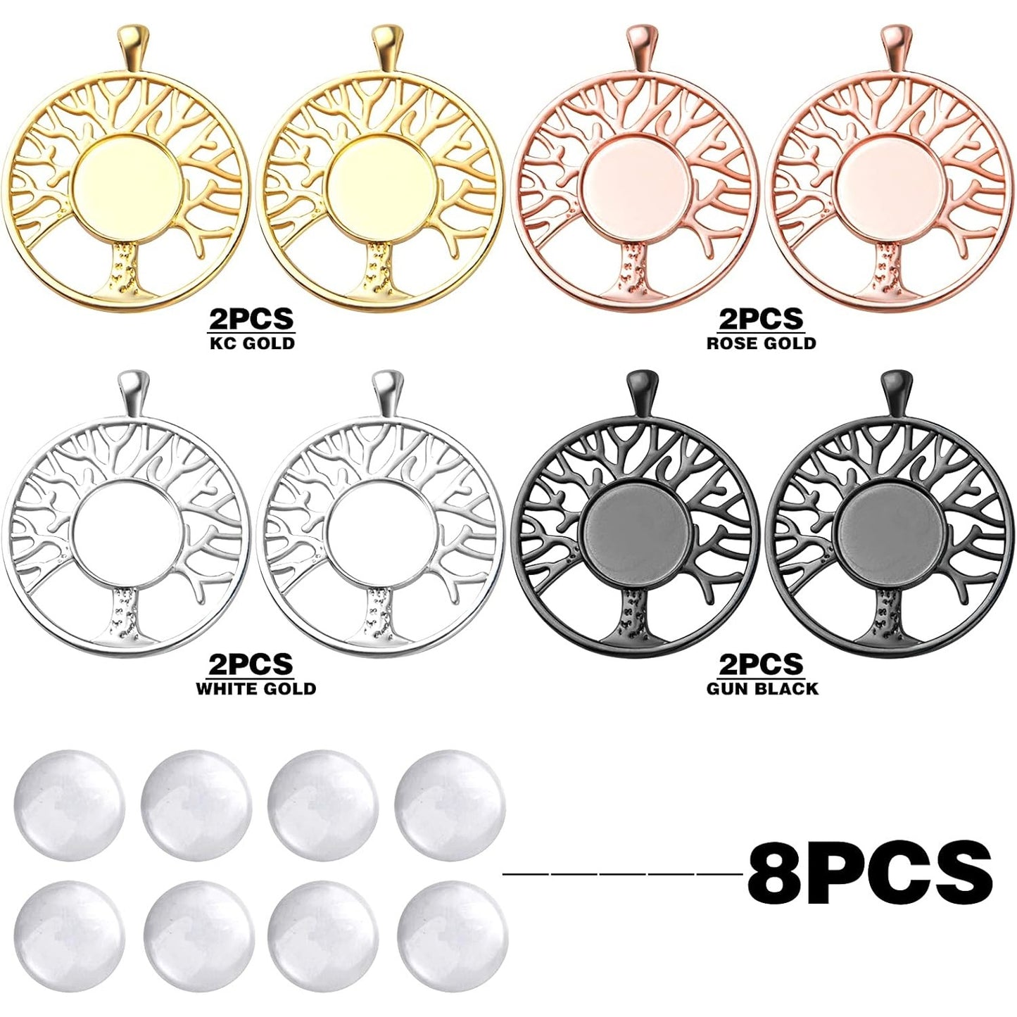 8 Sets 4 Colors Dream Catcher Pendant Trays Alloy Tree of Life Charms with Clear Dome Glass Cabochons for Photo Cameo Bracelet Necklace Jewelry Making Accessories