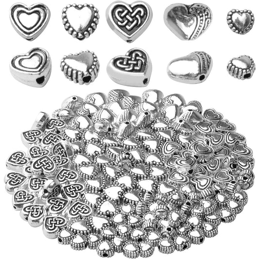 140pcs Antique Silver Heart Shape Spacers Alloy European Style Heart Beads Charms Spacer Bead Jewelry Heart Charms for DIY Bracelet Jewelry Making, 5 Sizes