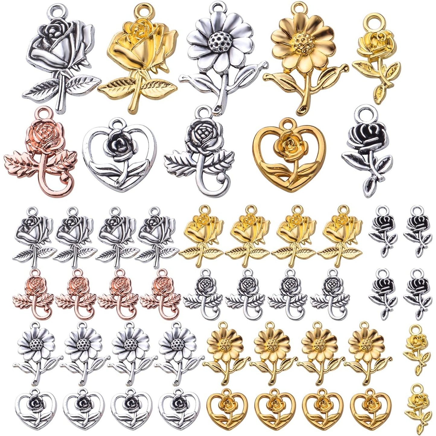 50pcs Flower Charms Pendants Alloy Sunflower Charms Rose Pendants Flower Bead Charm Craft Supplies for DIY Earrings Necklace Bracelet Jewelry Making Accessories, 5 Styles