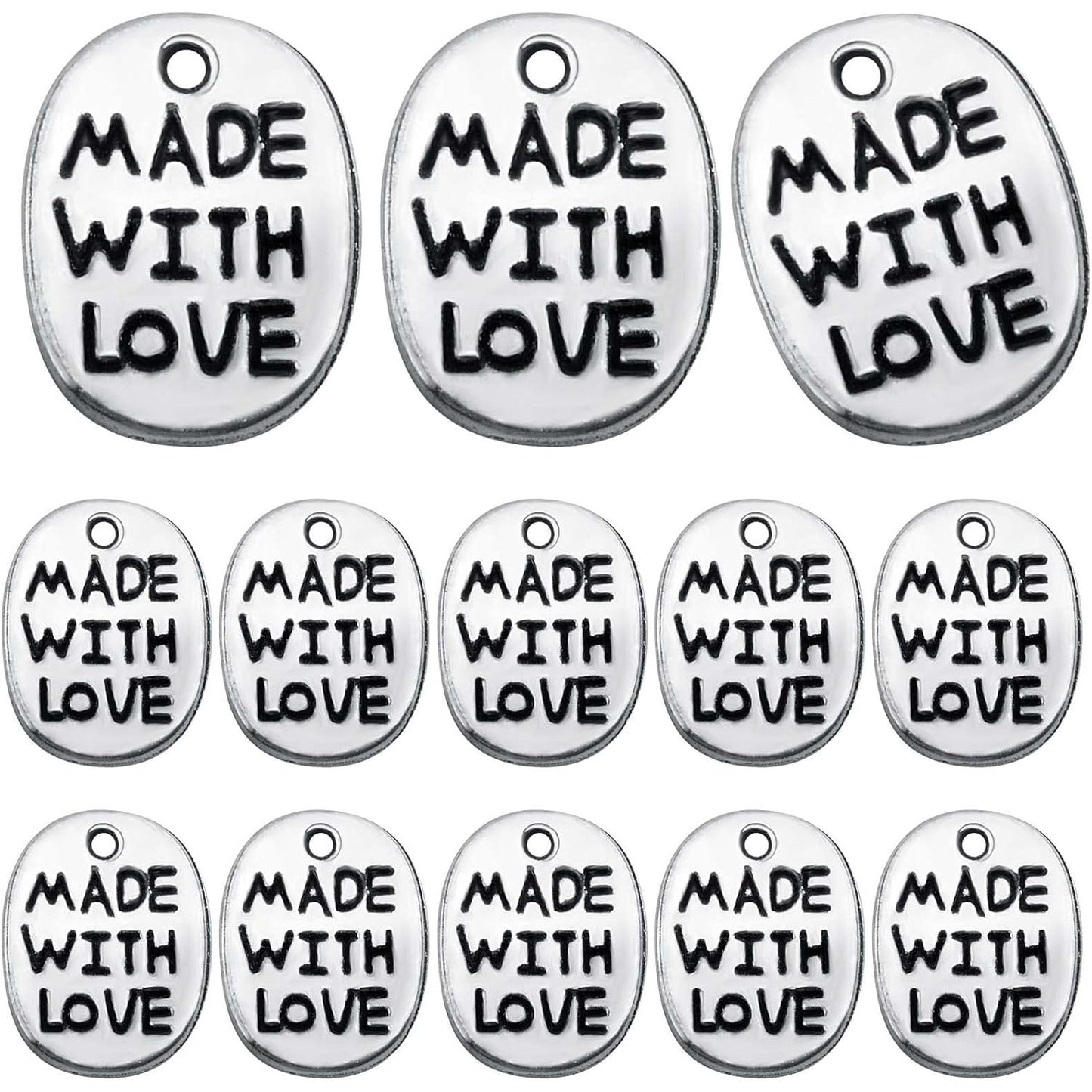 200pcs Antique Silver Oval Word Pendant Charms Tibetan Style Alloy Message Made with Love Valentine's Day Theme Charms for DIY Bracelet Necklace Jewelry Making Supplies
