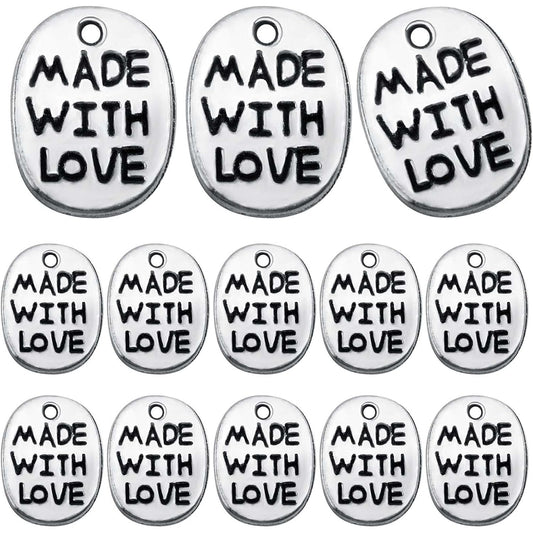 200pcs Antique Silver Oval Word Pendant Charms Tibetan Style Alloy Message Made with Love Valentine's Day Theme Charms for DIY Bracelet Necklace Jewelry Making Supplies