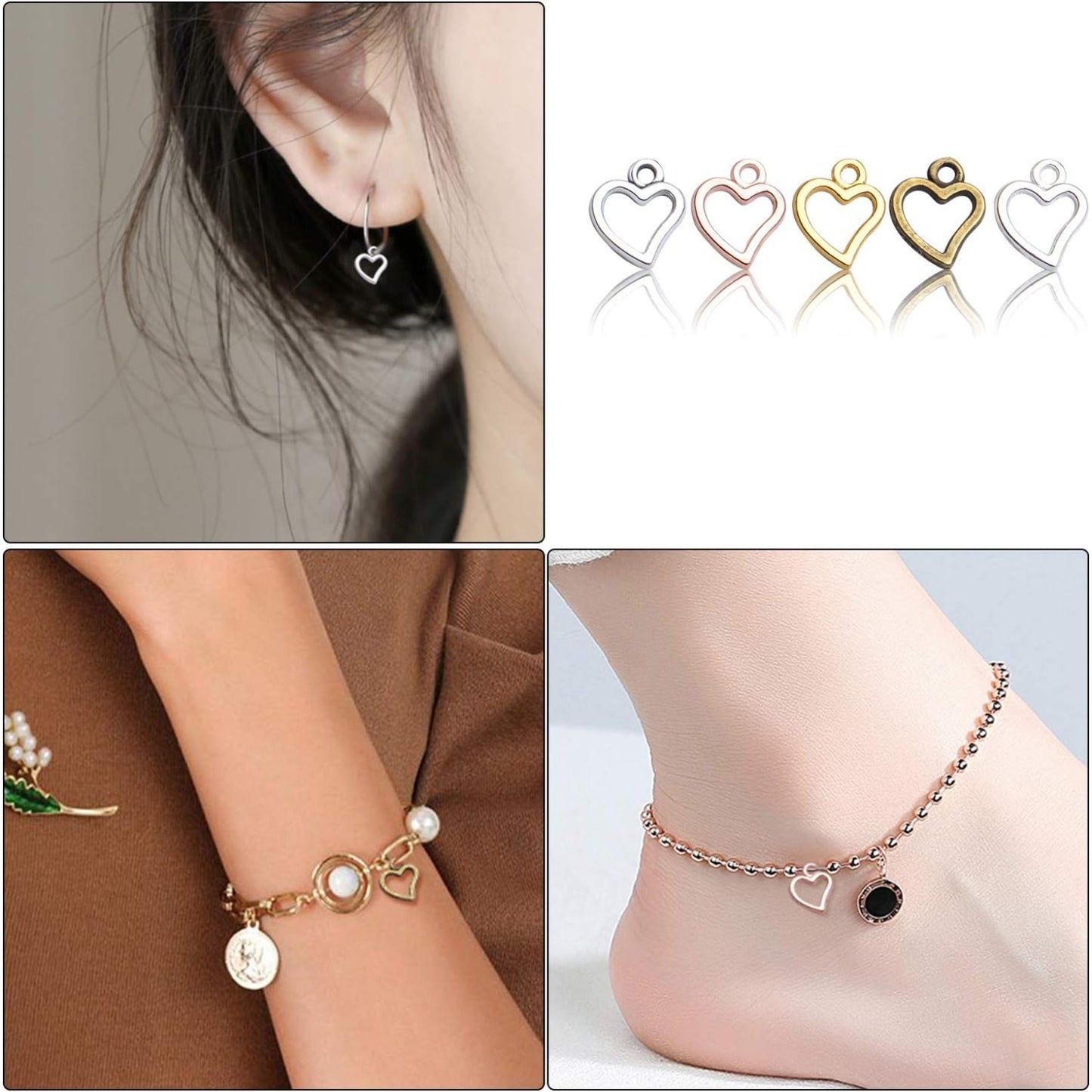 Heart Pendant Charms, 100 Pcs Tibetan Hollow Heart Shape Charms Alloy Love Pendants for Jewelry Making Crafting, Golden, Rose Golden, Antique Silver, Bright Silver and Antique Bronze