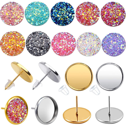100 Pieces 12 mm Faux Druzy Resin Cabochons with 20 Pieces Stainless Steel Blank Stud Earring Bezel Setting and 20 Pieces Clear Earring Backs for Earring Jewelry Making -10 Colors